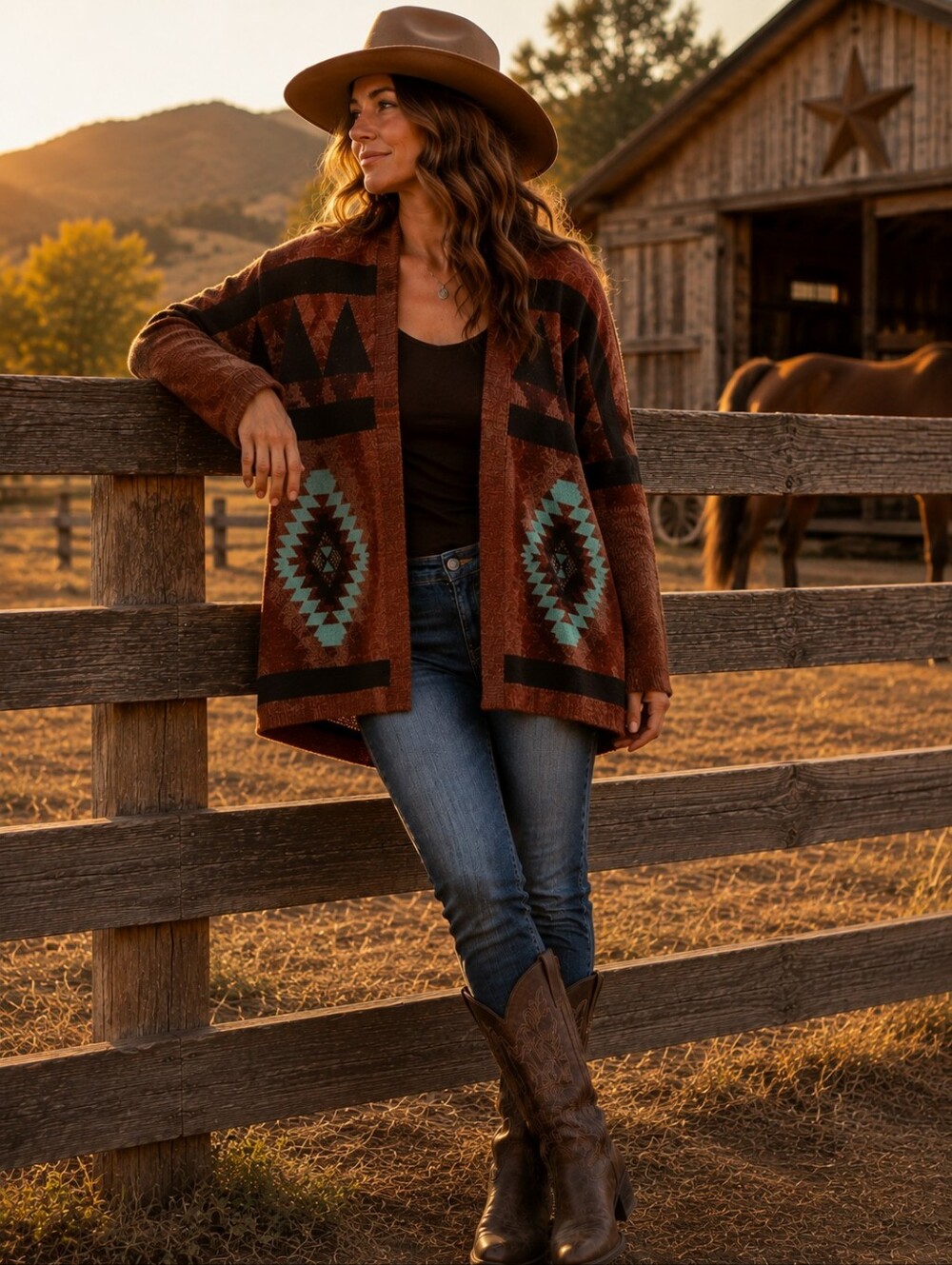 Debut M/L Southwestern Aztec Geometric Oversized Open Front Cardigan Rust Turquo